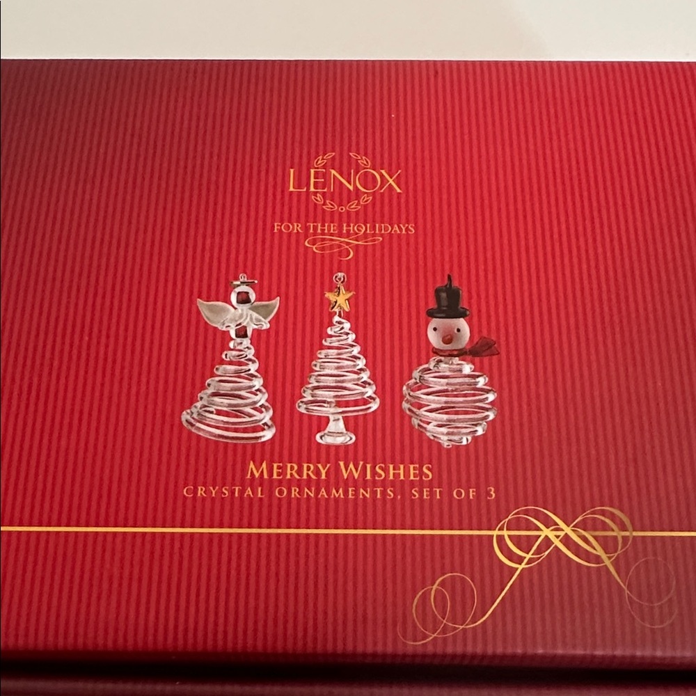 Lenox Merry Wishes Crystal Red and Gold Christmas Ornaments Set of 3